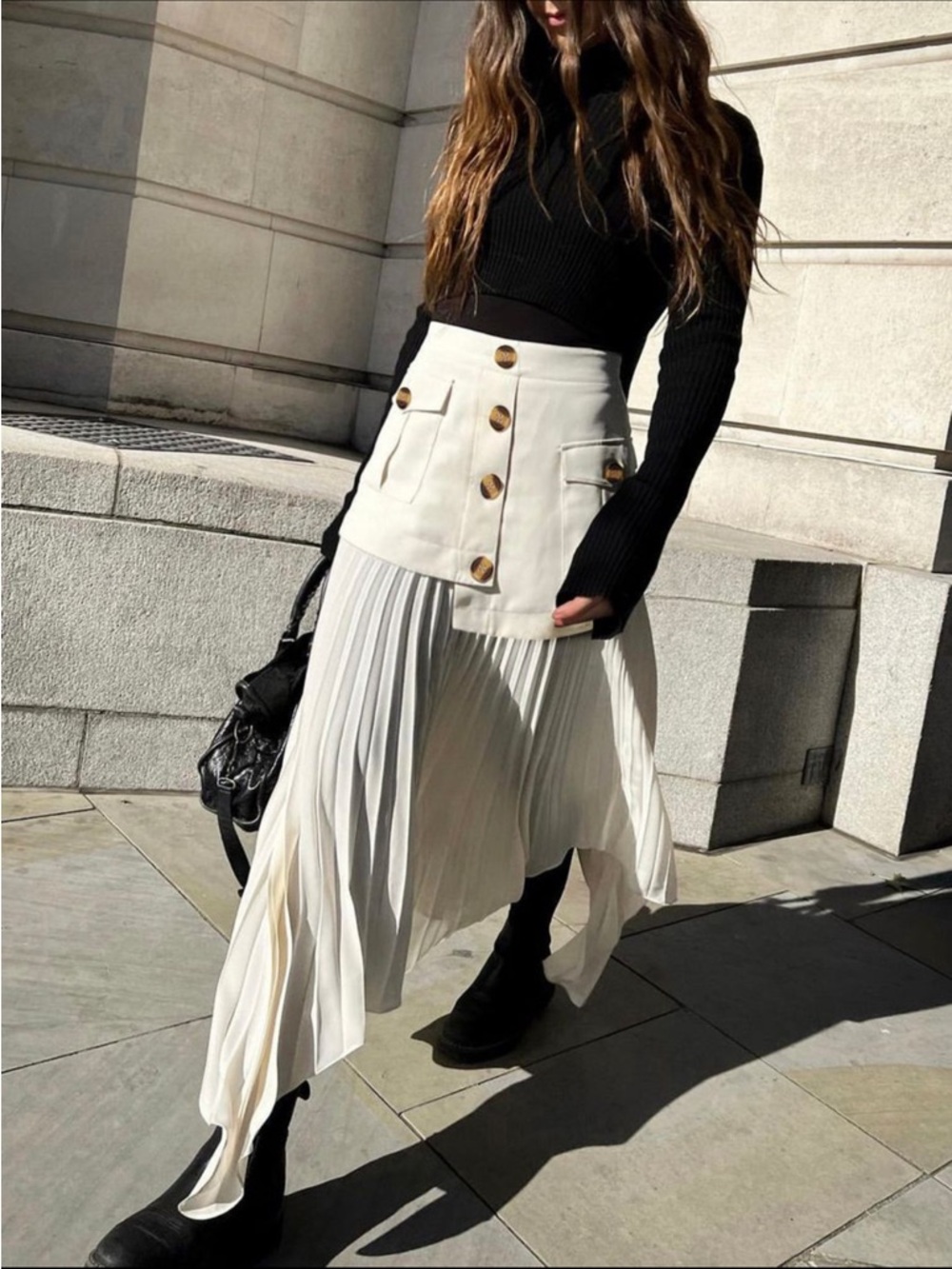 Women’s Cream Pleated Asymmetric Skirt with Buttoned Waist
